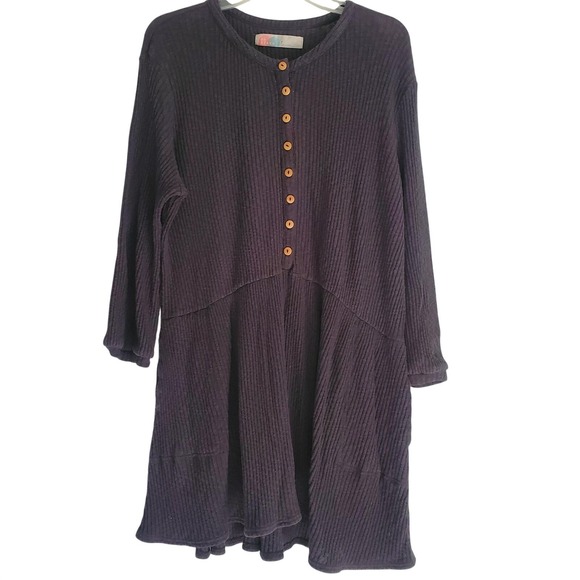 Free People Dresses & Skirts - FP Beach Dress Women Small Gray Black Waffle Knit Button Front Long Sleeve Tunic